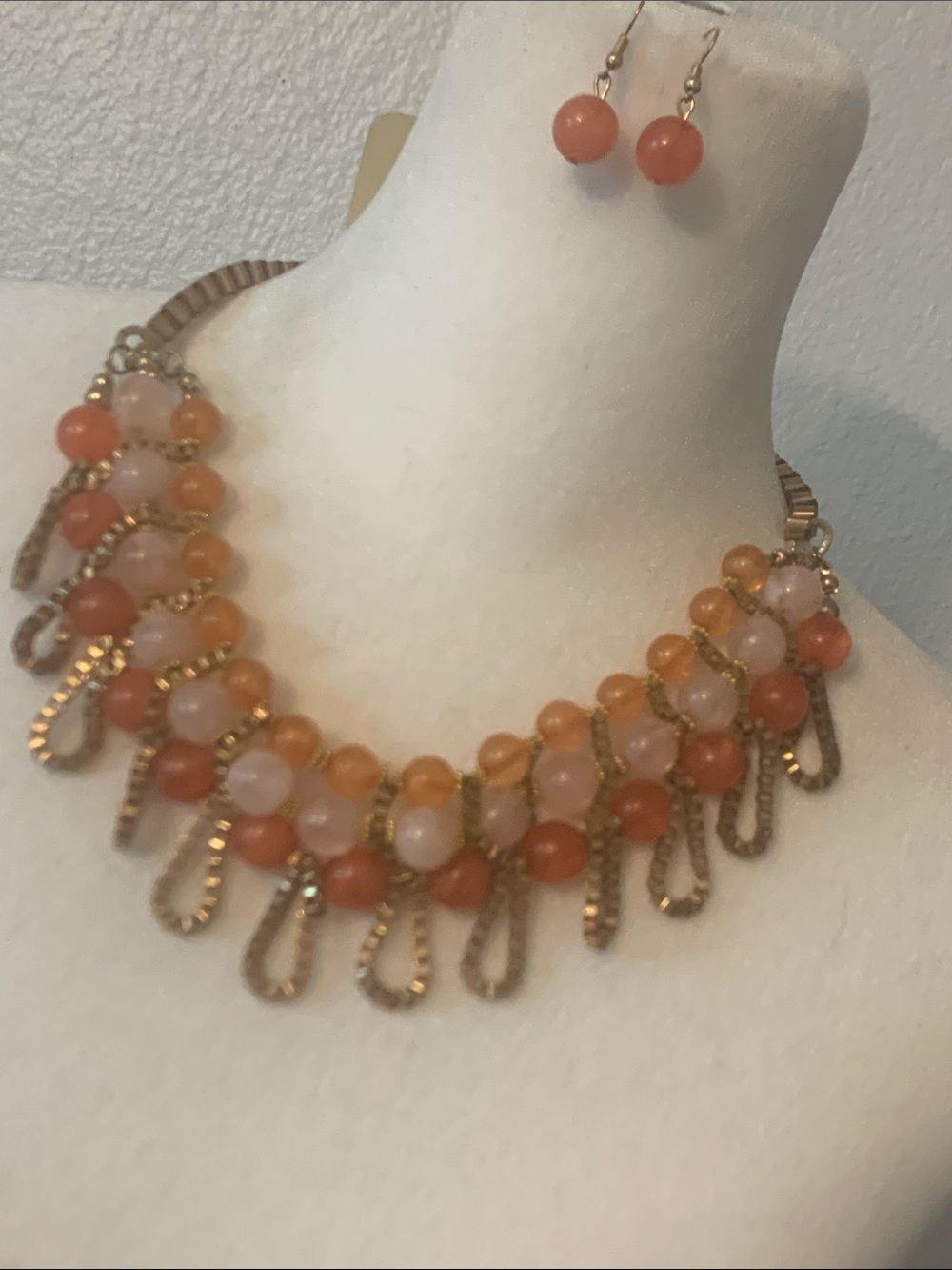 Gold-Tone Coral & Blush Beaded Statement Necklace with Matching Earrings